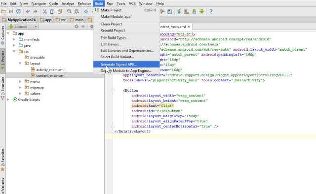 click on build and then generate signed apk